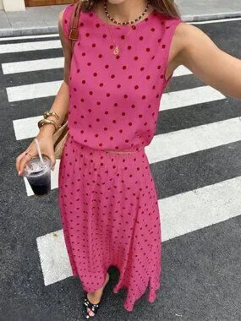 ZARA Hot Pink Boho Casual Women's Tropical Polka Dot Tank Top and Long Skirt Set